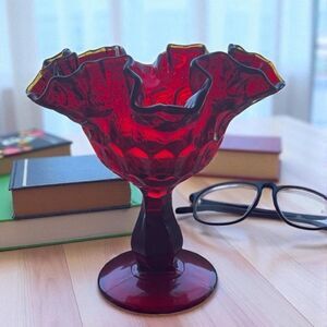 VTG Fenton Glass Ruby Ruffled Thumbprint Pedestal Compote Hobnail Candy Dish 6"